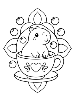 A sweet capybara coloring page sitting inside a teacup with bubbles.