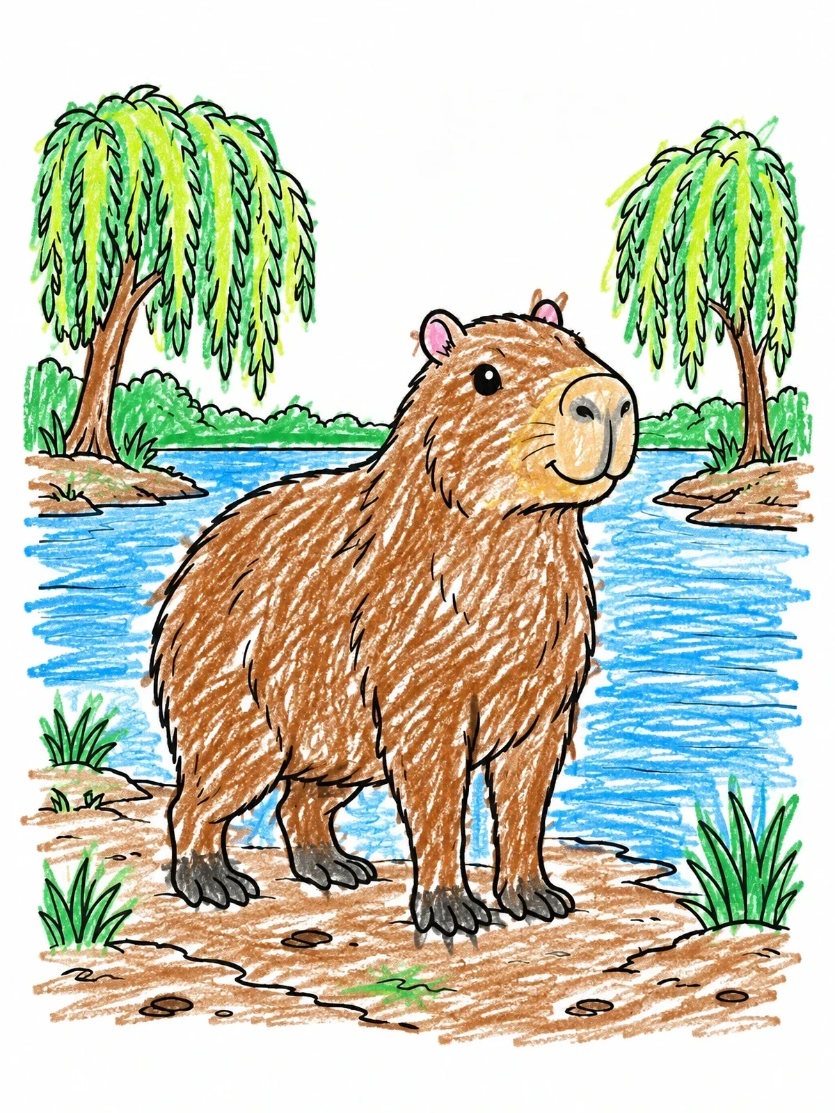 Colored example of the Cute Capybara By The River coloring page