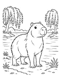 A friendly capybara coloring page standing on a riverbank near willow trees.