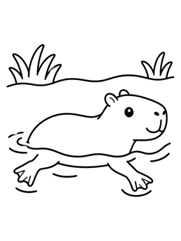 A simple capybara coloring page showing a friendly capybara swimming near a grassy riverbank.