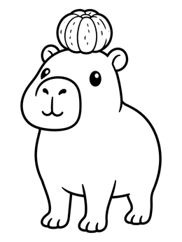 A simple capybara coloring page with a peeled mandarin balanced on its head.