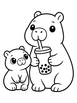 Free printable Cute Capybaras With Boba Tea coloring page