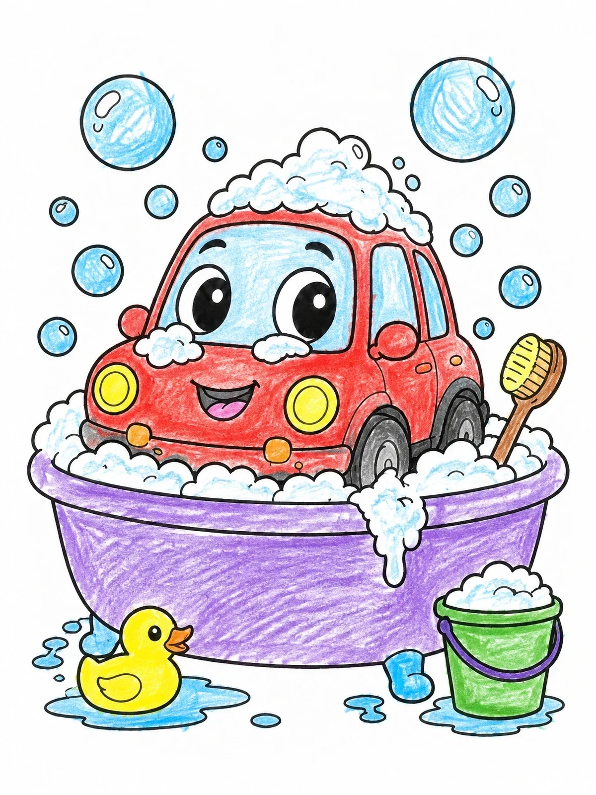 Colored example of the Cute Little Car Taking A Bubble Bath coloring page
