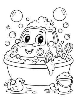 Free printable Cute Little Car Taking A Bubble Bath coloring page