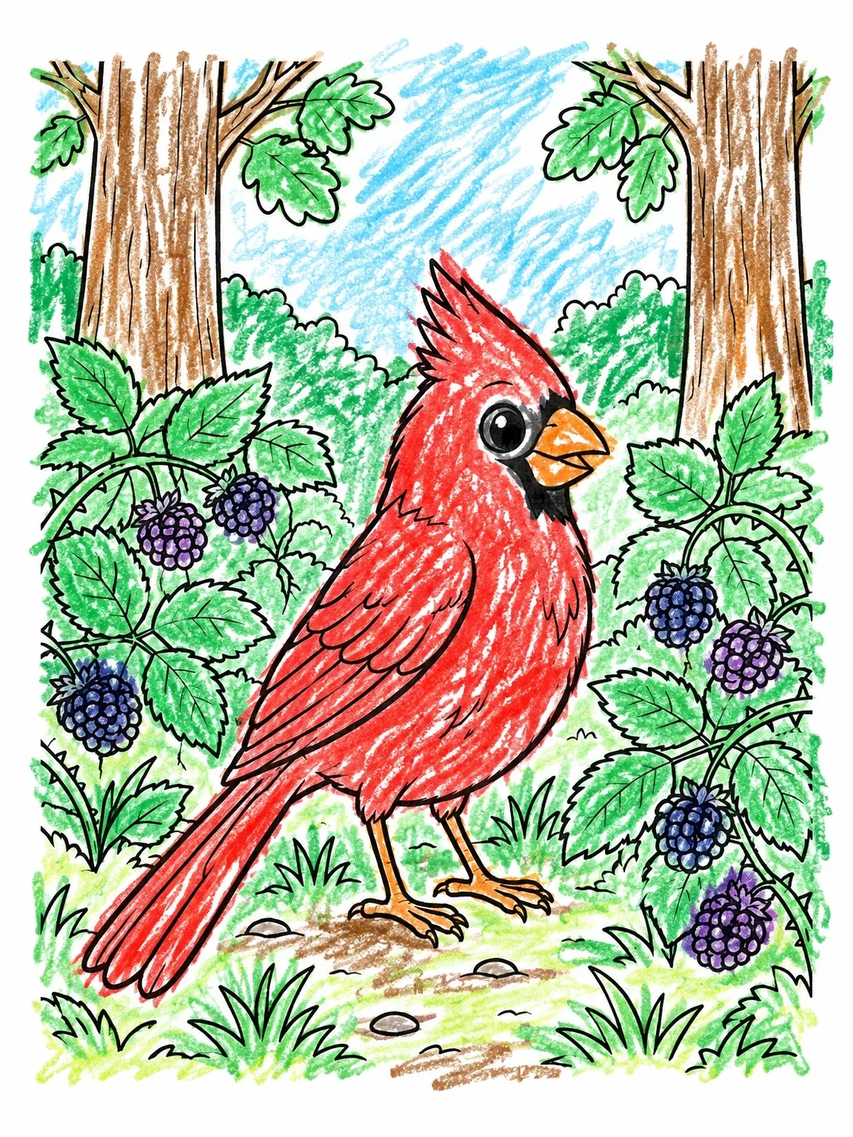 Colored example of the Cute Cardinal Near Blackberry Bushes coloring page