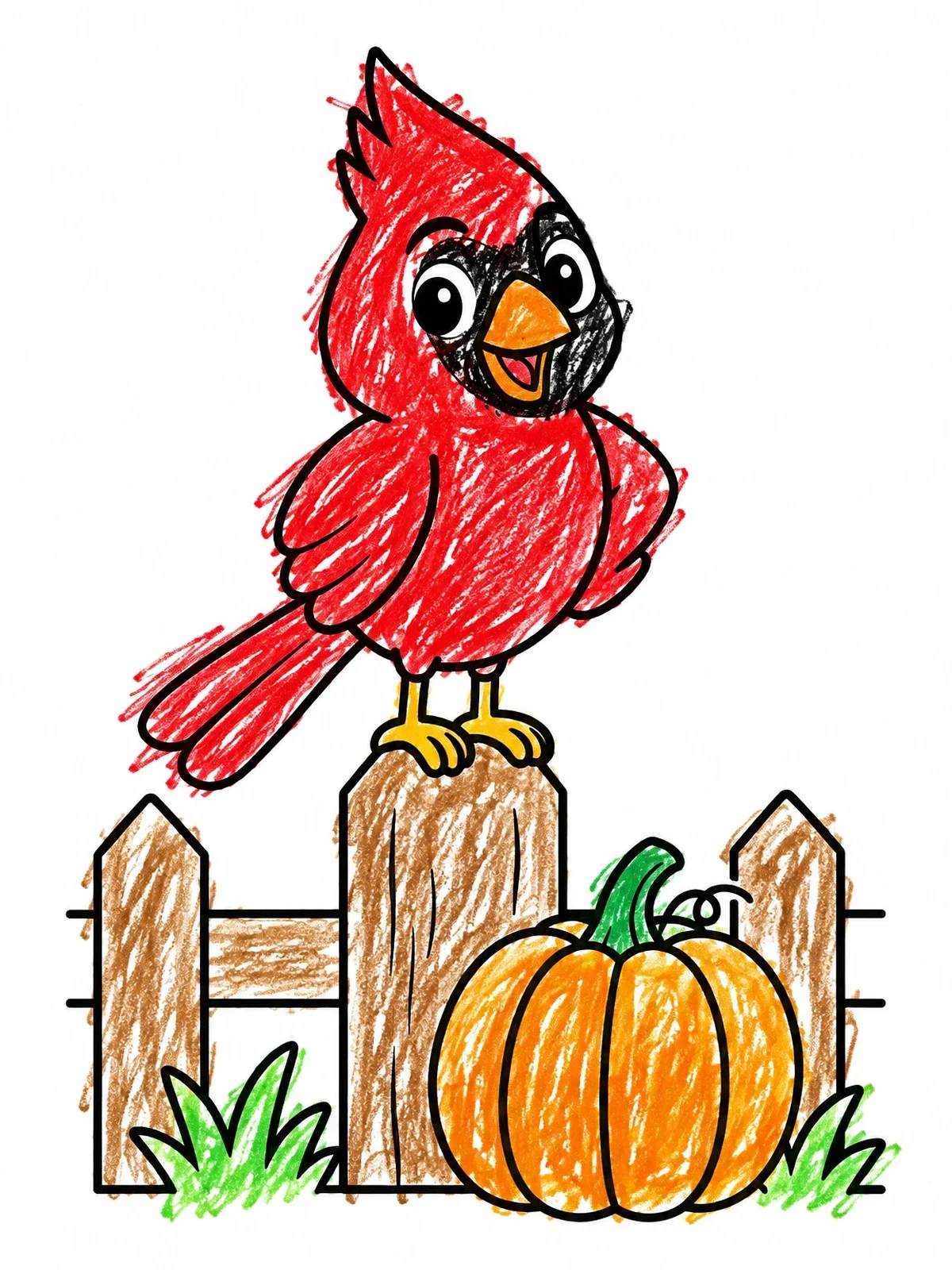 Colored example of the Cute Cardinal On Fence Post coloring page