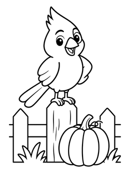 A cute cardinal coloring page with a bird perched on a wooden fence next to a pumpkin.