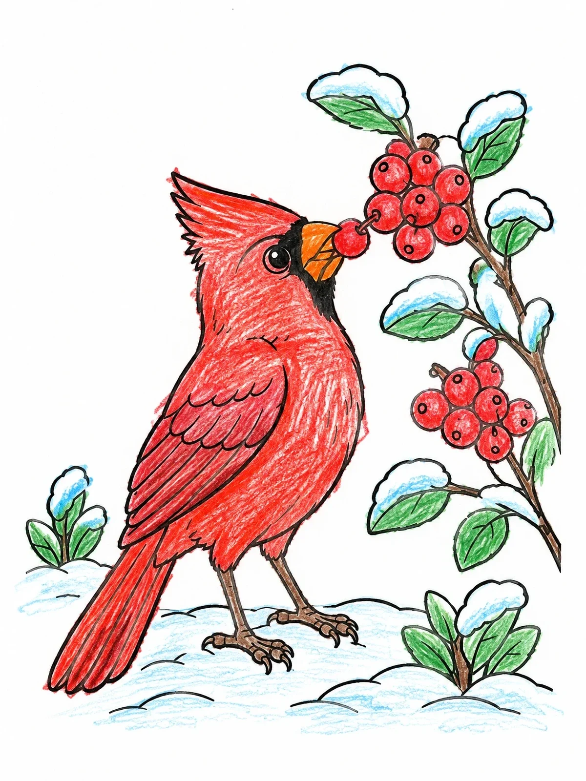 Colored example of the Cute Cardinal Nibbling Winter Berries coloring page