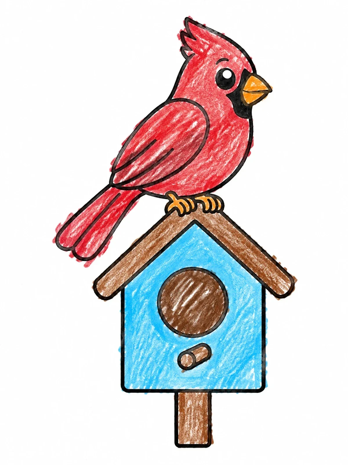 Colored example of the Cute Cardinal On A Birdhouse coloring page