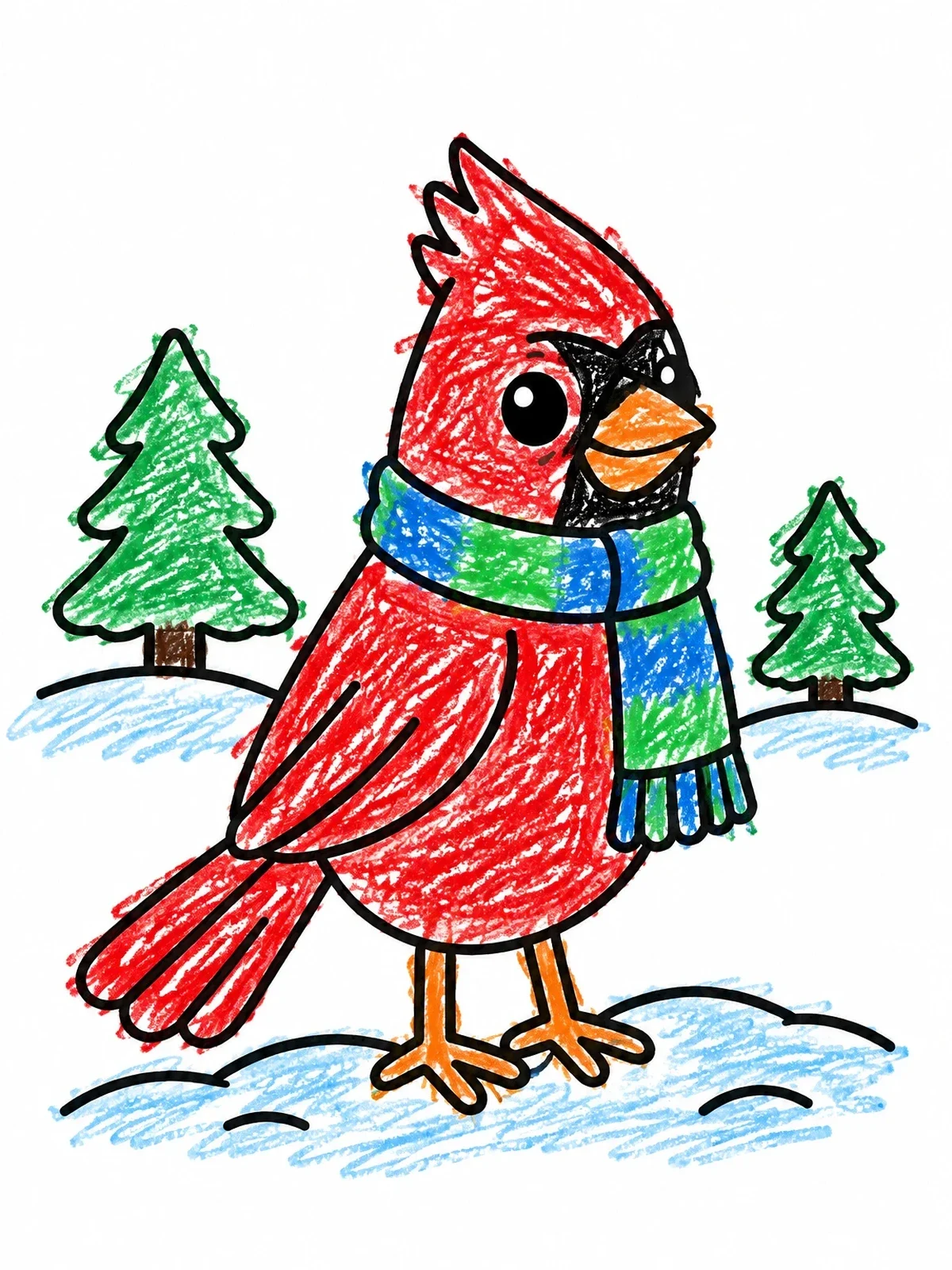 Colored example of the Cute Cardinal With Winter Scarf coloring page