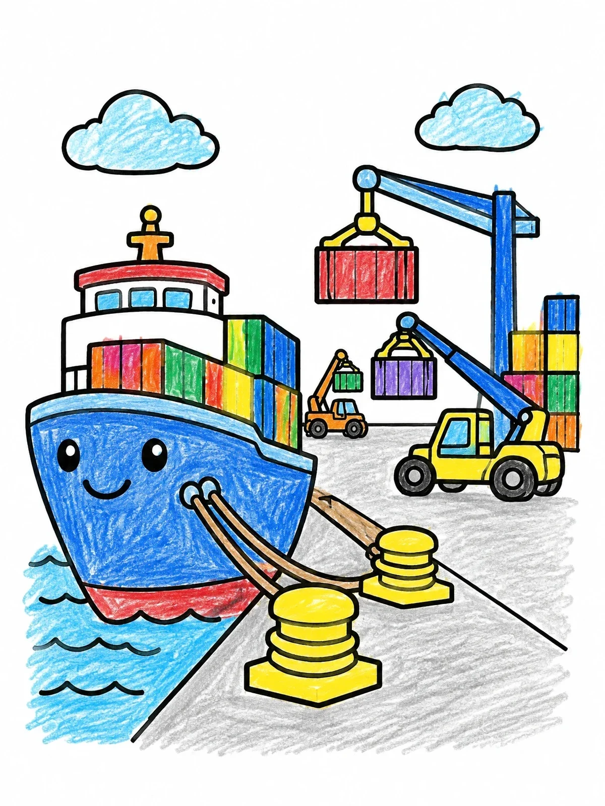 Colored example of the Cute Cargo Ship At Port coloring page