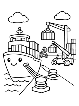 Free printable Cute Cargo Ship At Port coloring page