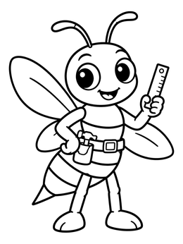 A cheerful cartoon character on this wasp coloring page wears a tool belt and holds a ruler.