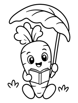 A cheerful carrot coloring page showing a cartoon carrot reading a book under a leaf.