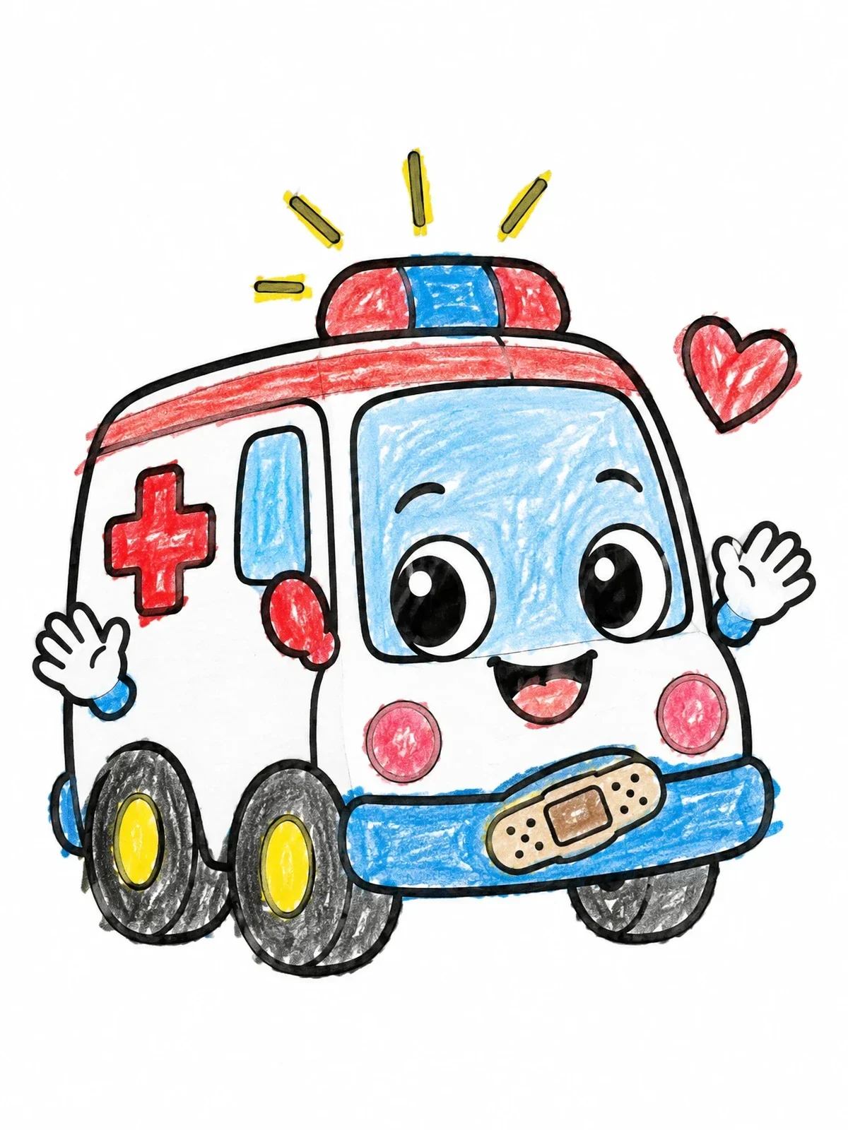 Colored example of the Cute Cartoon Ambulance With Bandage coloring page