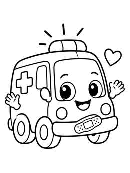 A cheerful baby cartoon ambulance coloring page with a bandage on its bumper.