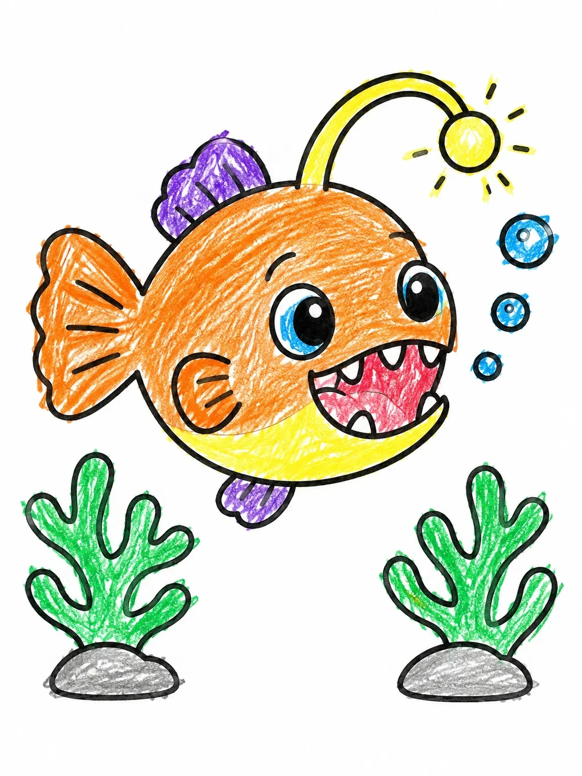 Colored example of the Cute Cartoon Anglerfish Underwater coloring page