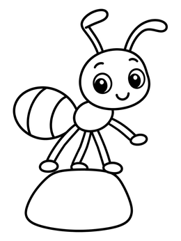 A cheerful cartoon ant coloring page standing proudly on a small smooth rock.