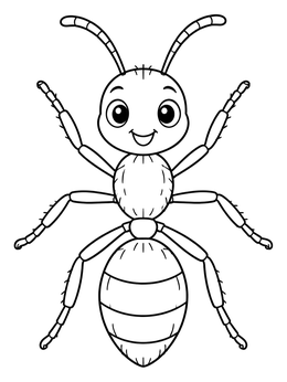 A smiling little ant coloring page viewed from above with six legs.