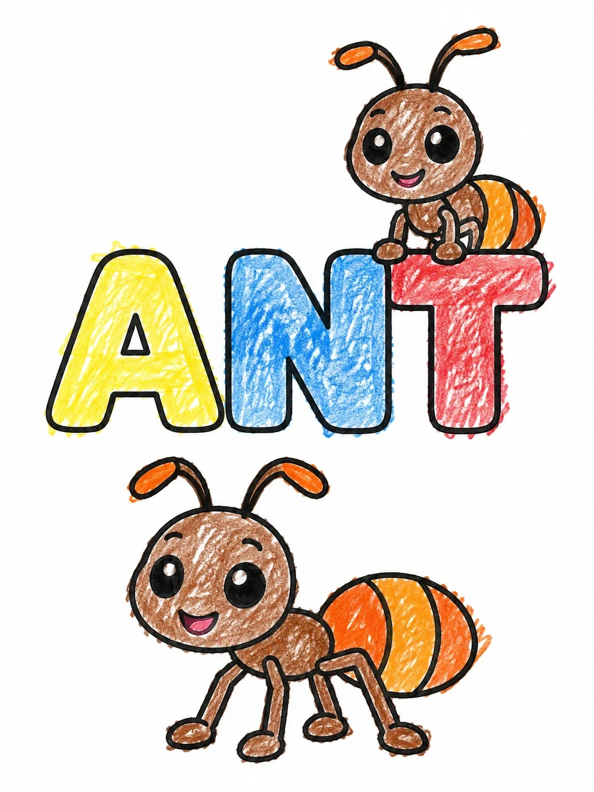 Colored example of the Cute Cartoon Ants With Ant Letters coloring page