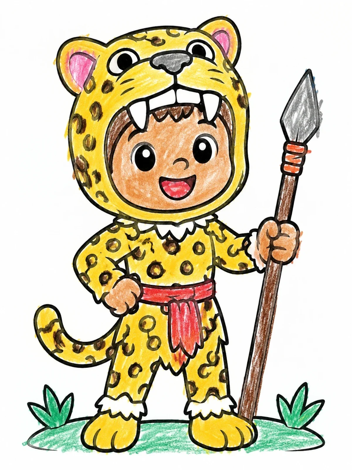 Colored example of the Cute Cartoon Aztec Jaguar Warrior coloring page