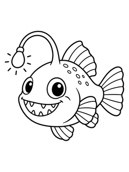 A cheerful cartoon angler fish coloring page featuring a glowing lure and wide smile.