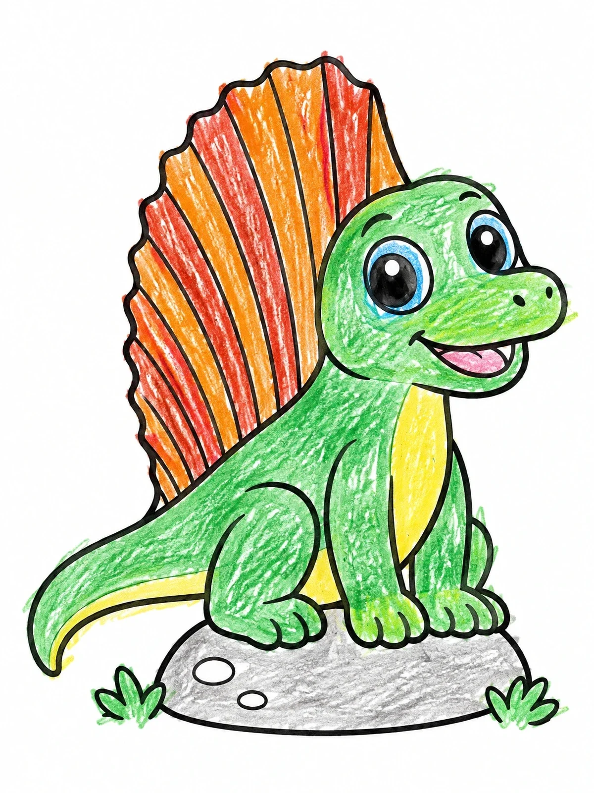 Colored example of the Cute Cartoon Dimetrodon On A Rock coloring page