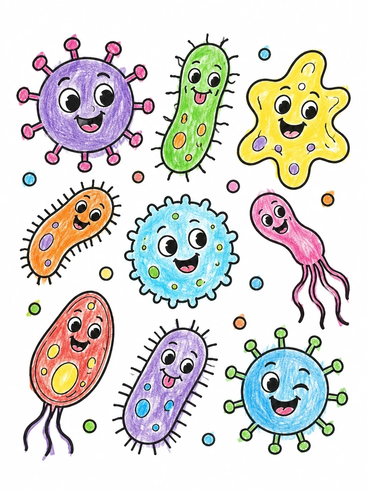 Colored example of the Cute Cartoon Bacteria And Microbes coloring page