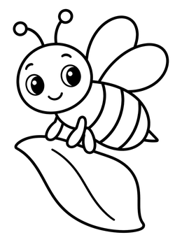 A cute bee coloring page showing a friendly cartoon bumblebee sitting on a leaf.