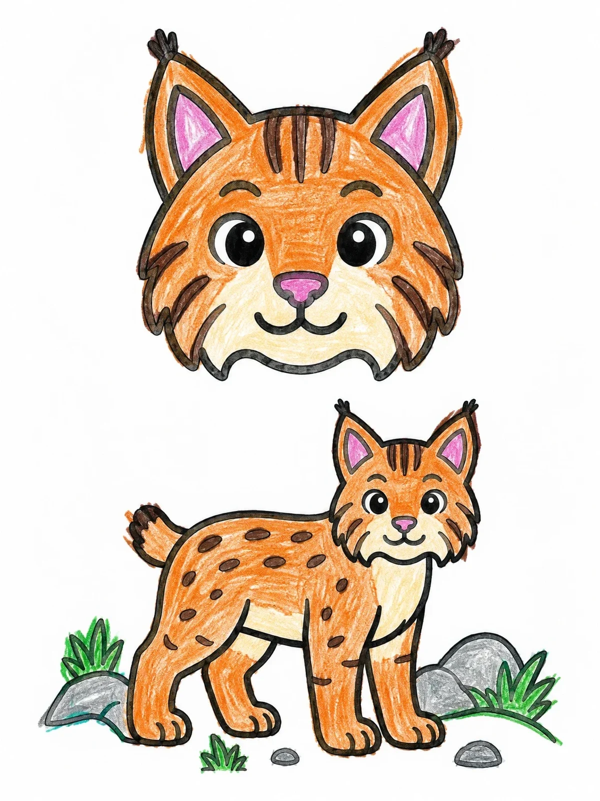 Colored example of the Cute Cartoon Bobcat And Portrait coloring page
