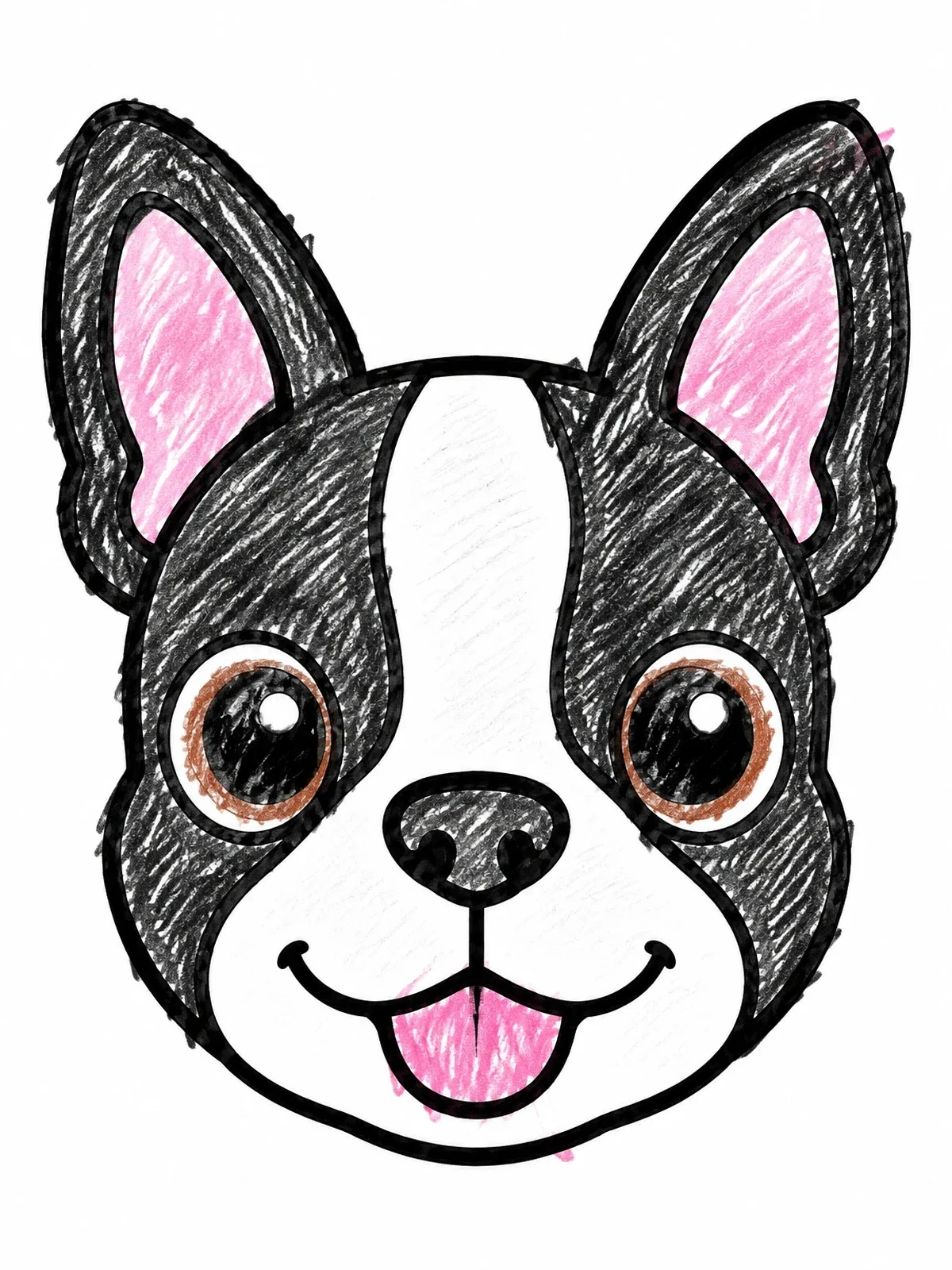 Colored example of the Cute Cartoon Boston Terrier Face coloring page