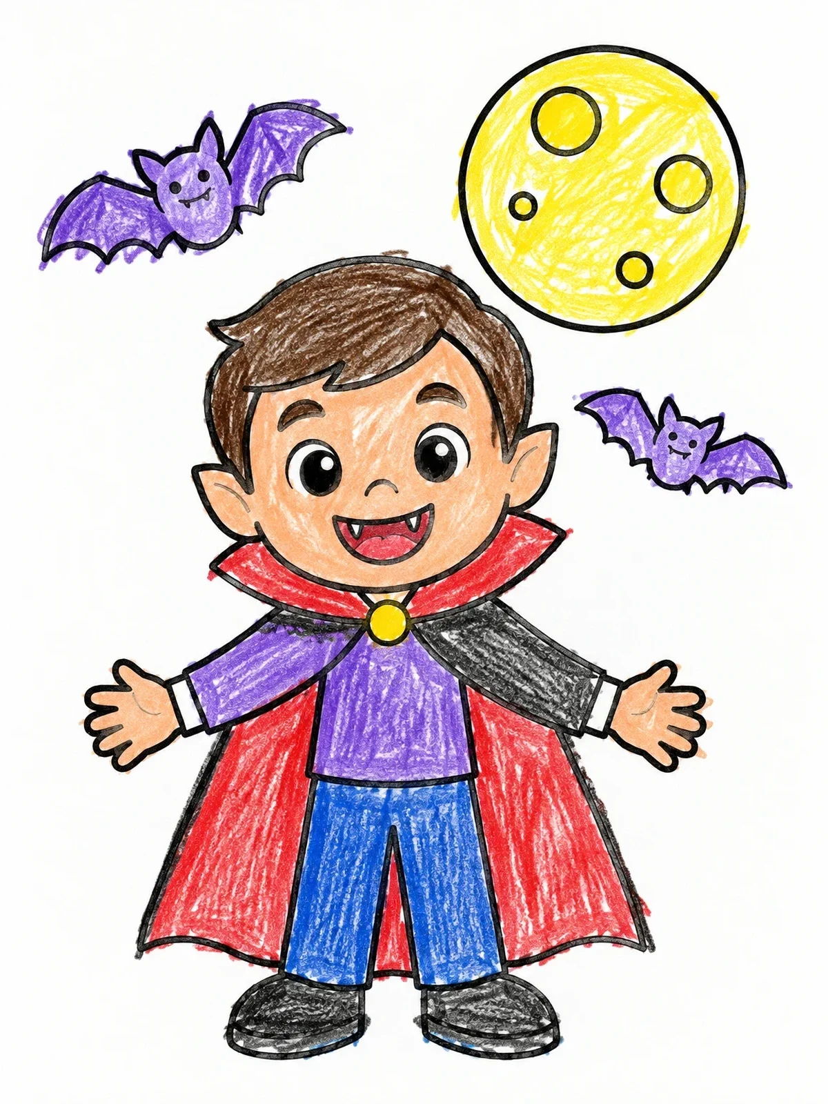Colored example of the Cute Cartoon Boy Vampire With Bats coloring page