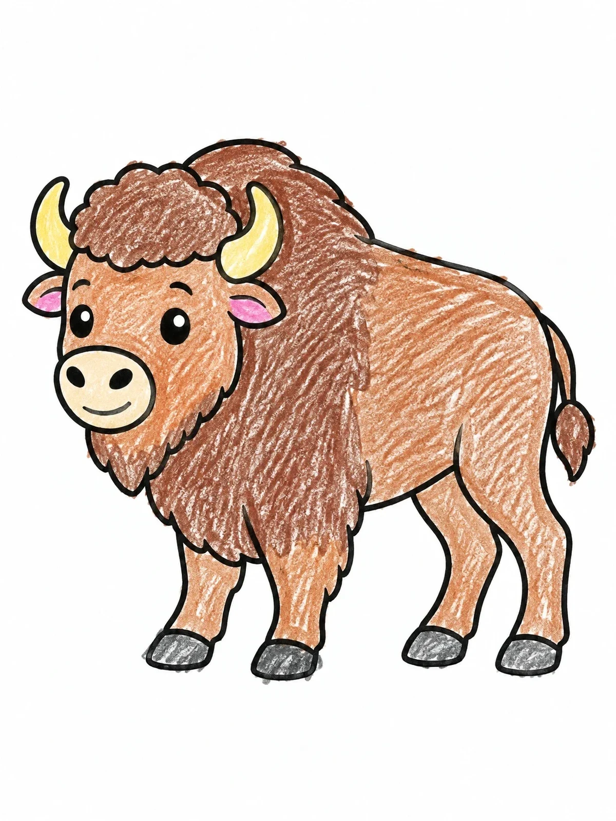 Colored example of the Cute Cartoon Buffalo Standing Proud coloring page