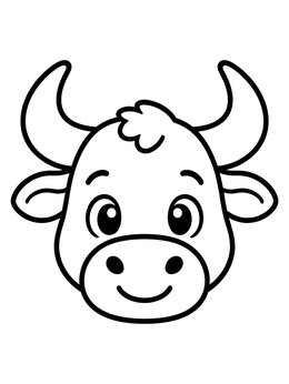 A simple bull coloring page featuring a smiling cartoon bull face with curved horns.