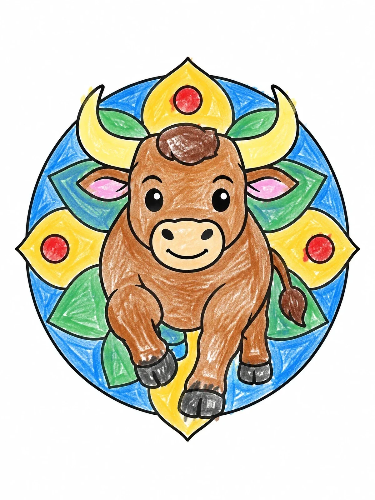 Colored example of the Cute Cartoon Bull With Mandala coloring page