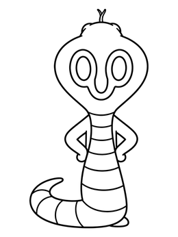 A cute cobra coloring page showing a friendly standing cartoon snake with hands on hips.