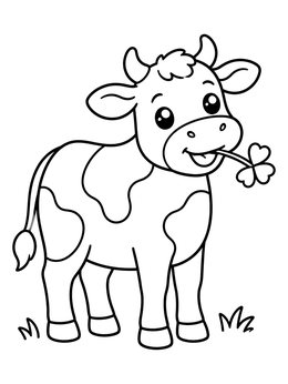 Free printable Cute Cartoon Cow Chewing Clover coloring page