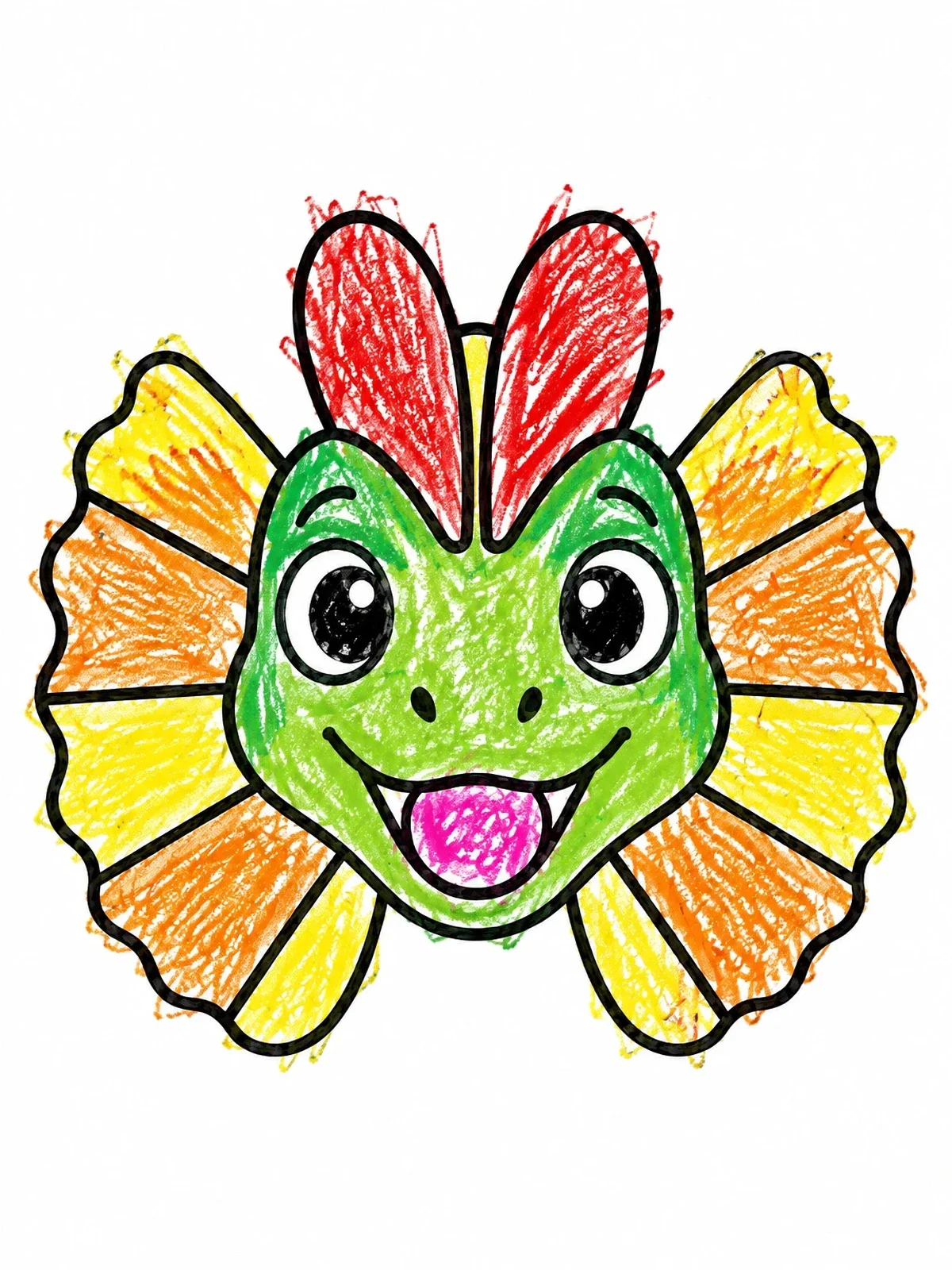 Colored example of the Cute Cartoon Dilophosaurus Face coloring page