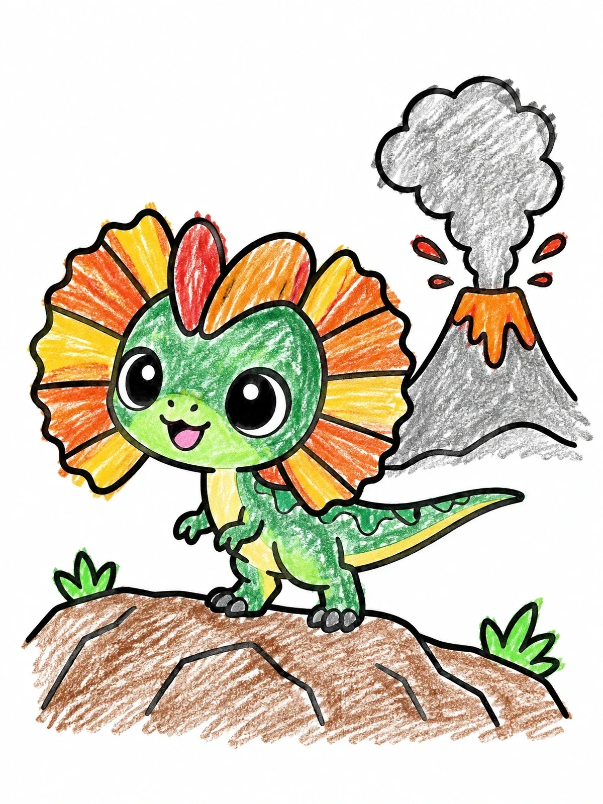 Colored example of the Cute Cartoon Dilophosaurus And Erupting Volcano coloring page