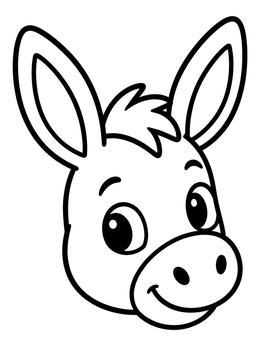 A cheerful cartoon donkey coloring page featuring a smiling face and big ears.