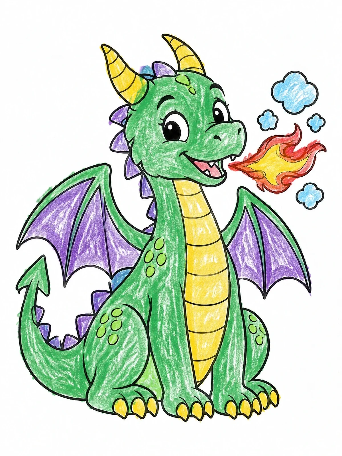 Colored example of the Cute Cartoon Dragon Breathing Fire coloring page