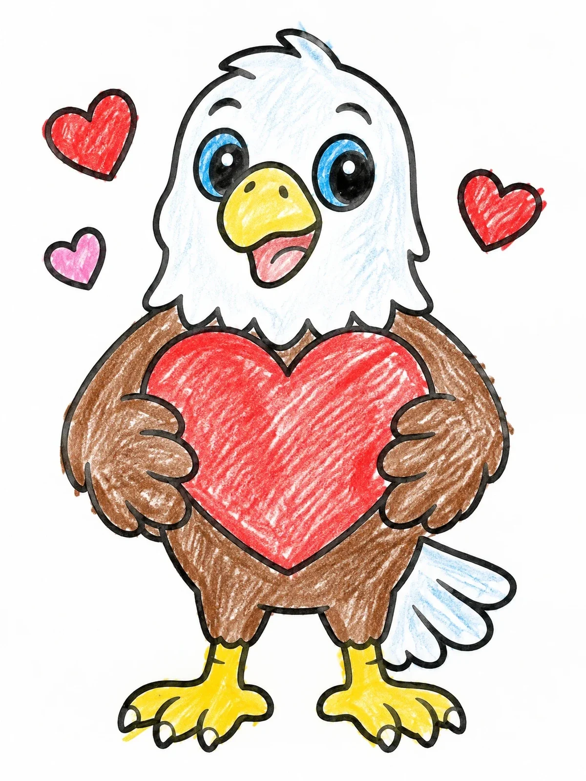 Colored example of the Cute Cartoon Eagle Holding A Heart coloring page
