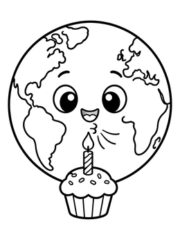 A cute cartoon earth coloring page showing the planet blowing out a birthday cupcake candle.