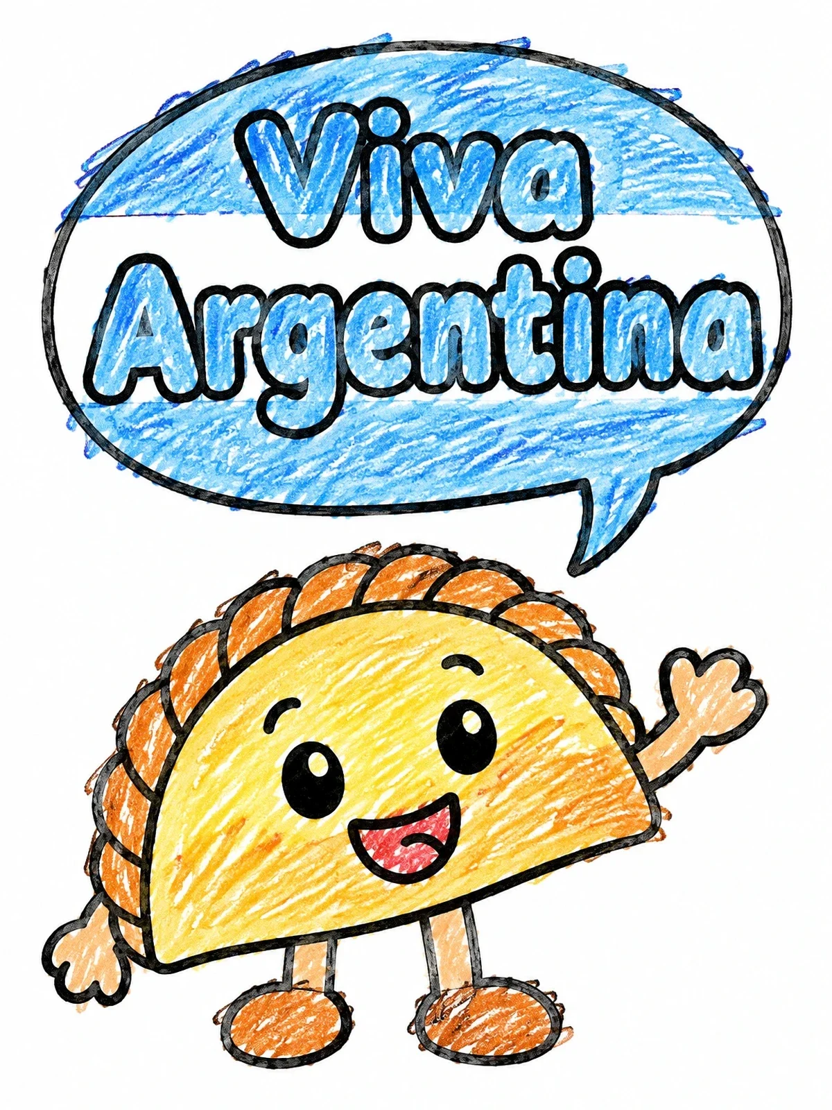 Colored example of the Happy Empanada Saying Viva Argentina coloring page