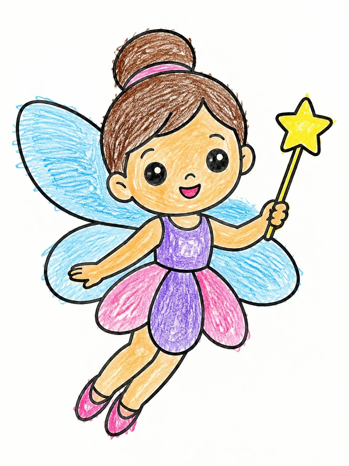 Colored example of the Cute Cartoon Fairy With Star Wand coloring page