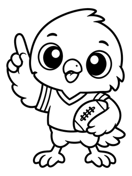 A cheerful cartoon bird in a sports jersey holding a football on this falcon coloring page.