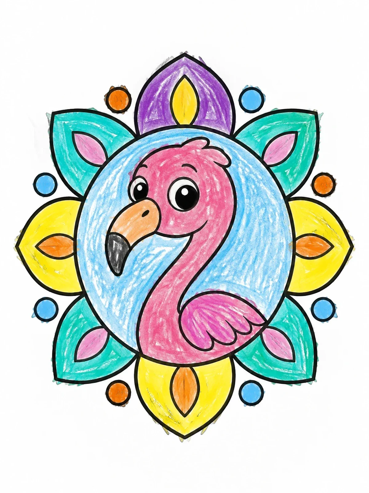 Colored example of the Cute Cartoon Flamingo In Flower Frame coloring page