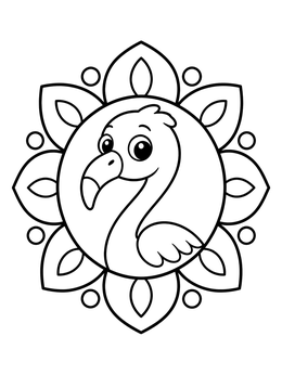 Free printable Cute Cartoon Flamingo In Flower Frame coloring page