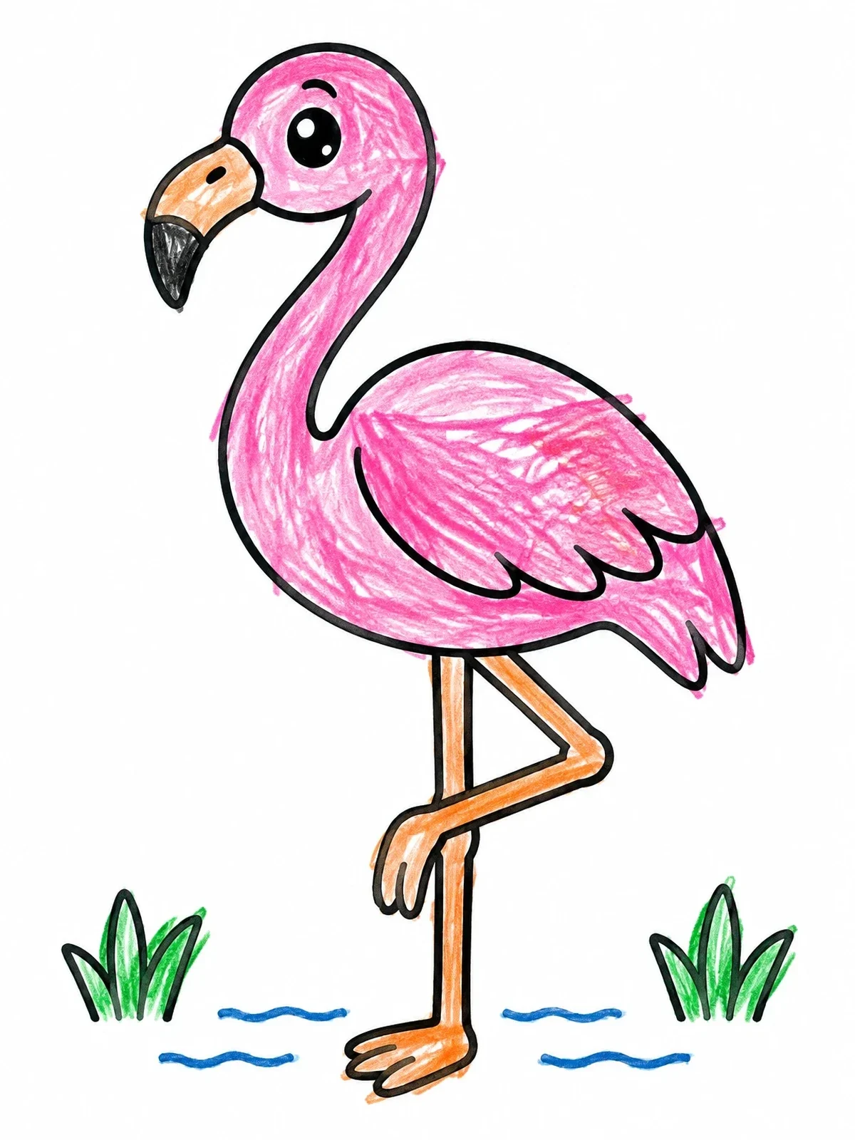 Colored example of the Cute Cartoon Flamingo Standing coloring page