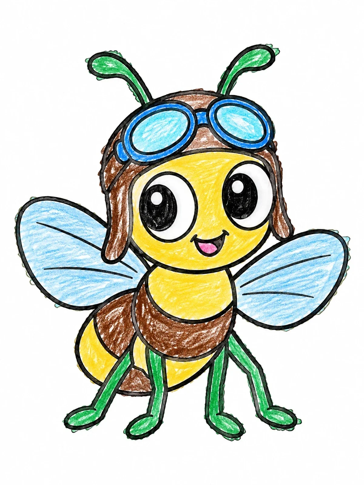Colored example of the Cute Cartoon Fly With Aviator Goggles coloring page
